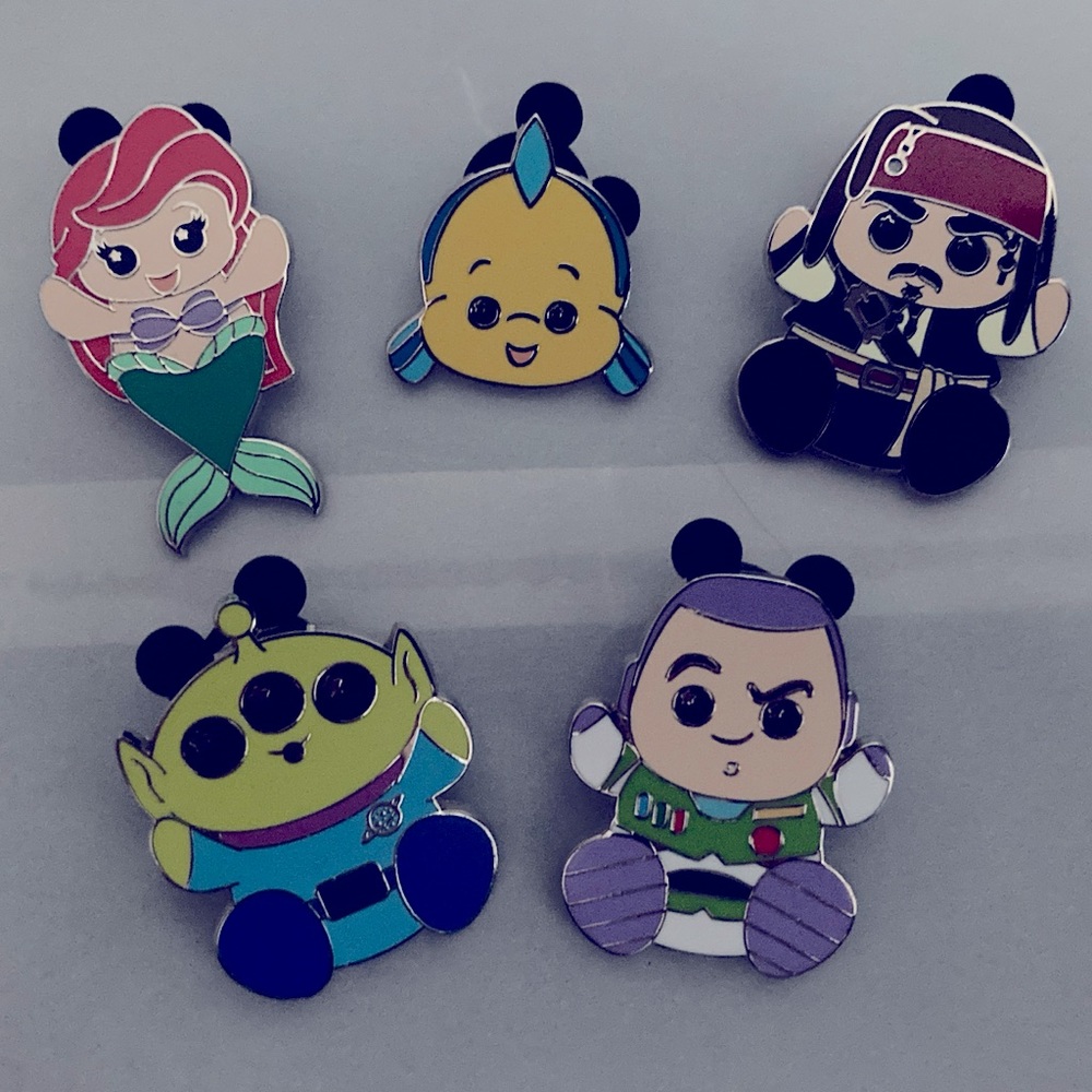 Disney Parks Wishables Trading Pins:Ariel, Flounder, Jack Sparrow, Buzz & Alien